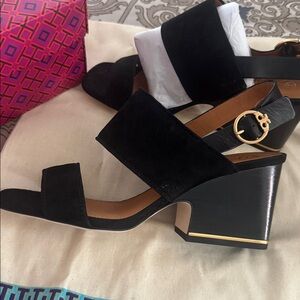 New Elegant Black Suede Block Heel Slingback Wedges